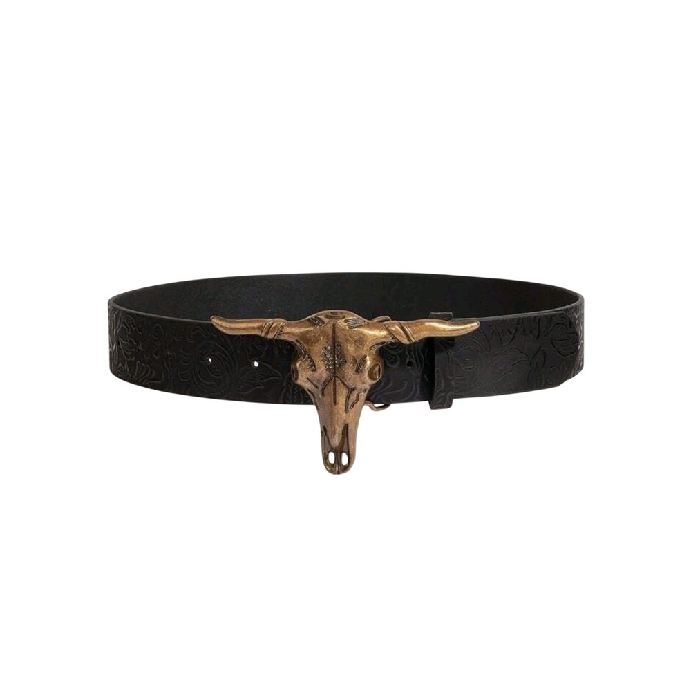 Western Belt Black Floral Embossed Bull Skull Buckle Fashion Accessory